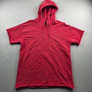 PacSun Mens Red Short Sleeve Hoodie Boxy Fit Raw Edge Cotton Sweatshirt‎ Medium